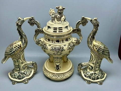 Bộ đỉnh hạc tai mây gốm Chu Đậu vẽ vàng 24k