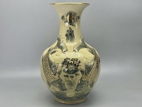 Bình Phú Quý Lý Ngư Vọng Nguyệt Đắp Nổi Cao 59cm Gốm Chu Đậu Vẽ Vàng