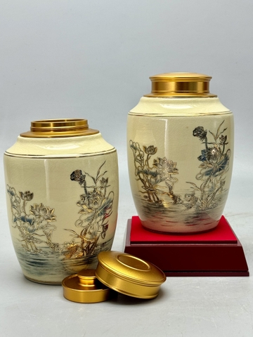 Hũ đựng trà hoa sen cao 18cm gốm Chu Đậu vẽ vàng