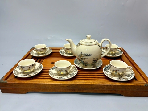 Bộ ấm chén hoa chanh nhị cảnh đồng quê vẽ vàng 24k Chu Đậu