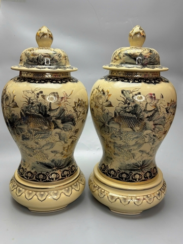 Cặp Chóe cá chép hoa sen vẽ vàng 24k gốm Chu Đậu