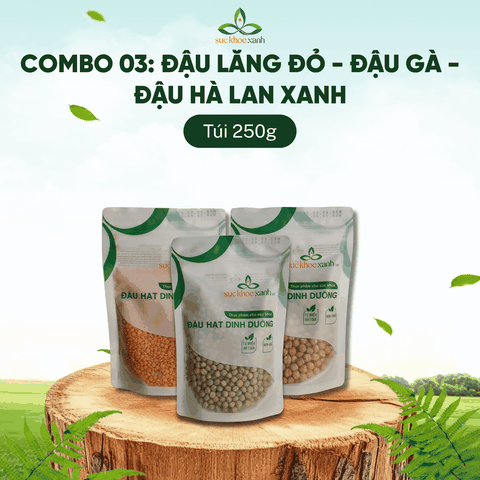 Combo 03- 1 Đậu Gà, 1 Đậu Lăng đỏ & 1 Đậu Hà lan xanh nguyên Hạt (mỗi túi 250g)