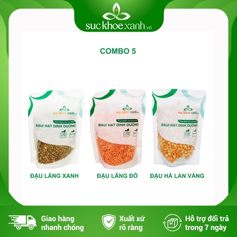 Combo 05- 1 Đậu Lăng đỏ & 1 Đậu Lăng xanh & 1 Đậu Hà lan vàng tách đôi nhập khẩu (mỗi túi 250g)
