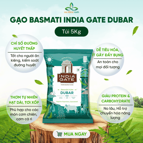 Gạo Basmati India Gate Dubar 5kg – Gạo Thơm Cao Cấp – Hạt Dài, Giảm Cân, Tốt Cho Tim Mạch
