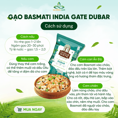 Gạo Basmati India Gate Dubar 5kg – Gạo Thơm Cao Cấp – Hạt Dài, Giảm Cân, Tốt Cho Tim Mạch