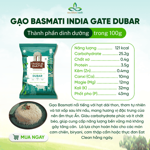 Gạo Basmati India Gate Dubar 5kg – Gạo Thơm Cao Cấp – Hạt Dài, Giảm Cân, Tốt Cho Tim Mạch