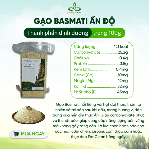 Gạo Basmati India (Ấn độ) Túi 1kg, ngăn ngừa tiểu đường