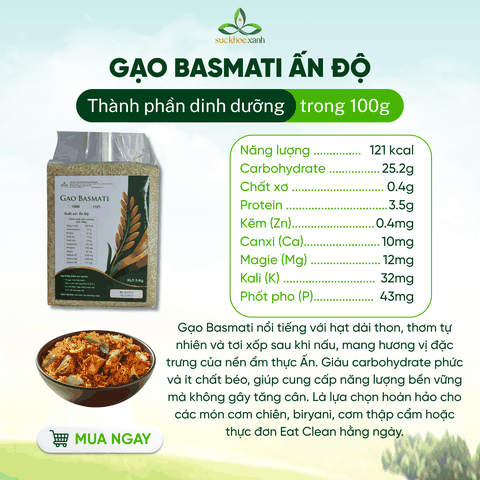 Gạo Basmati India (Ấn Độ) Túi 5Kg - ngăn ngừa tiểu đường, kiểm soát cân nặng