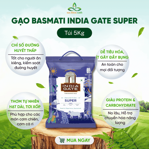 Gạo Basmati India Gate Super 5kg – Gạo Thơm Cao Cấp – Hạt Dài, Giảm Cân, Tốt Cho Tim Mạch
