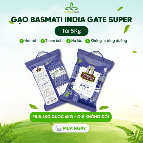 Gạo Basmati India Gate Super 5kg – Gạo Thơm Cao Cấp – Hạt Dài, Giảm Cân, Tốt Cho Tim Mạch