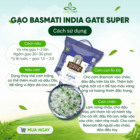Gạo Basmati India Gate Super 5kg – Gạo Thơm Cao Cấp – Hạt Dài, Giảm Cân, Tốt Cho Tim Mạch