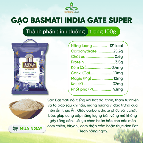 Gạo Basmati India Gate Super 5kg – Gạo Thơm Cao Cấp – Hạt Dài, Giảm Cân, Tốt Cho Tim Mạch