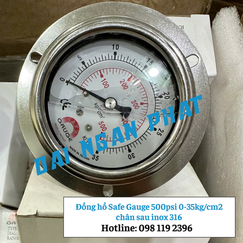 Đồng hồ Safe Gauge 500psi 0-35kg/cm2 bar chân sau inox 316 bar