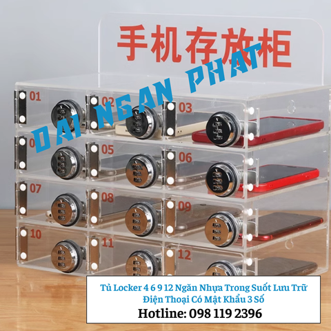 Tủ Locker 4 6 9 12 Ngăn Nhựa Trong Suốt Lưu Trữ Điện Thoại Có Mật Khẩu 3 Số