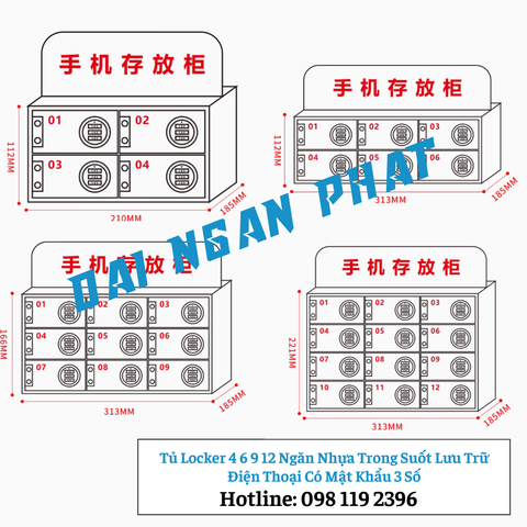 Tủ Locker 4 6 9 12 Ngăn Nhựa Trong Suốt Lưu Trữ Điện Thoại Có Mật Khẩu 3 Số