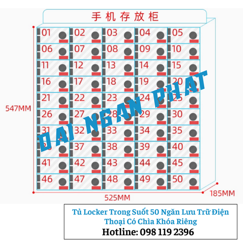 Tủ Locker Trong Suốt 50 Ngăn Lưu Trữ Điện Thoại Có Chìa Khóa Riêng