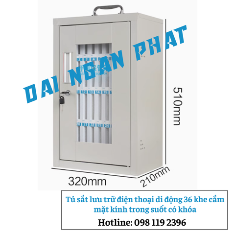 Tủ sắt lưu trữ điện thoại 36 khe cắm mặt kính trong suốt có khóa