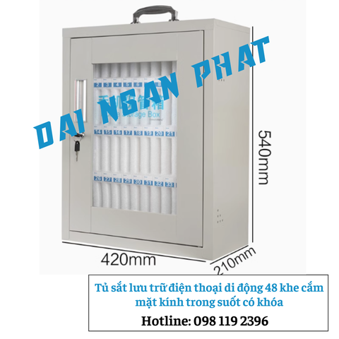 Tủ sắt lưu trữ điện thoại 48 khe cắm mặt kính trong suốt có khóa