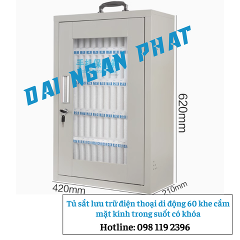 Tủ sắt lưu trữ điện thoại 60 khe cắm mặt kính trong suốt có khóa