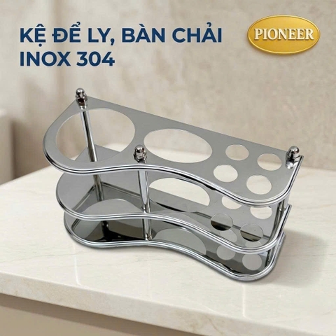 Kệ Để Ly Kem Bàn Chải Đánh Răng Pioneer Inox 304 Cao Cấp Tặng Kèm Ly Thái - Mã SP: KL05