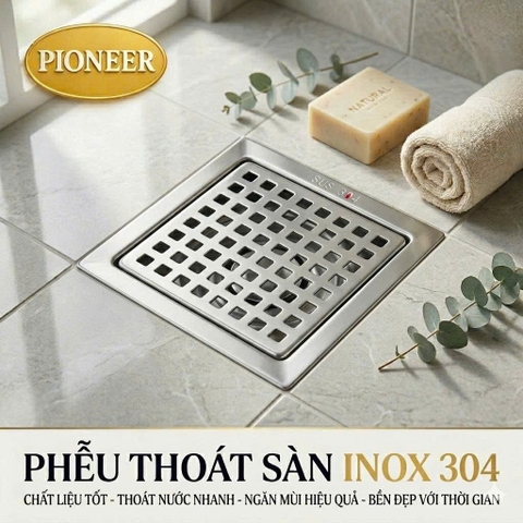Hố Ga Thoát Sàn Pioneer Inox 304 Lọc Rác, Chống Mùi Hôi Phòng Tắm, Mã PE:332