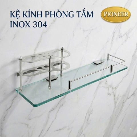 Kệ kính nhà tắm Pioneer Inox 304 để ly, bàn chải, kem đánh răng tặng kèm ly thái lan, Mã PE:42, TP:42