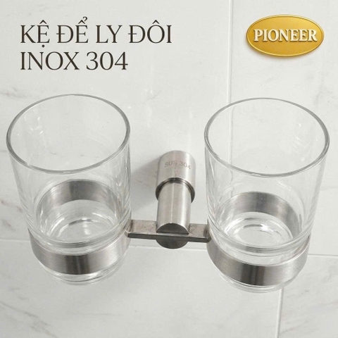 Kệ để ly đôi Pioneer Inox 304 cao cấp trong phòng tắm tặng kèm 2 ly thái lan, Mã TP:6004