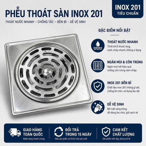 Phễu thoát sàn Pioneer Inox 201 chống hôi trong phòng tắm, Mã PE:356