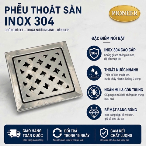 Phễu thoát sàn Pioneer Inox 304 trong phòng tắm, Mã PE:334