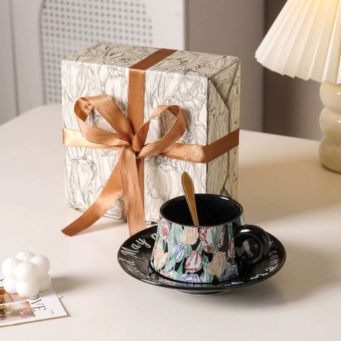 [ Set 2 Cái ] Ly Cốc Sứ + Đĩa + Thìa [ Hộp Quà Tặng ] - 18428