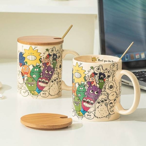 [ Set 2 Cái ] Cốc Sứ Cu Shin [ Cốc + Thìa + Nắp ] - 22168