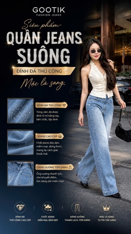 💎 𝐏𝐢𝐤𝐚 𝐏𝐢𝐤𝐚 𝐉𝐞𝐚𝐧𝐬💎 Quần Jeans suông đính đá sang trọng, lịch lãm, tôn dáng