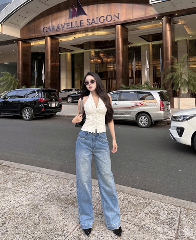 Quần Jeans đính đá cao cấp dáng suông ống rộng Hack dáng cực đỉnh thương hiệu GOOTIK Fashion