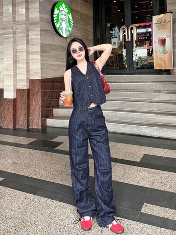 Quần Jeans Nữ Kẻ Sọc - Dây Rút Gấu Quần