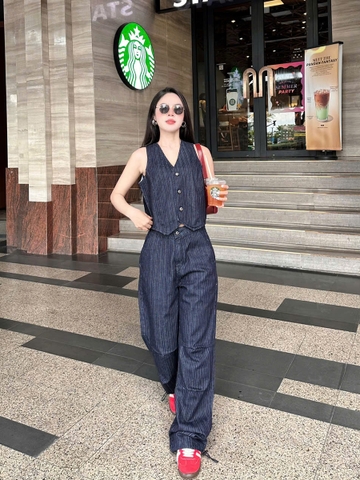 Quần Jeans Nữ Kẻ Sọc - Dây Rút Gấu Quần