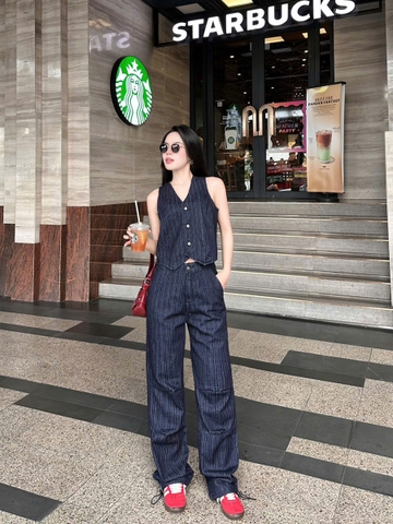 Quần Jeans Nữ Kẻ Sọc - Dây Rút Gấu Quần