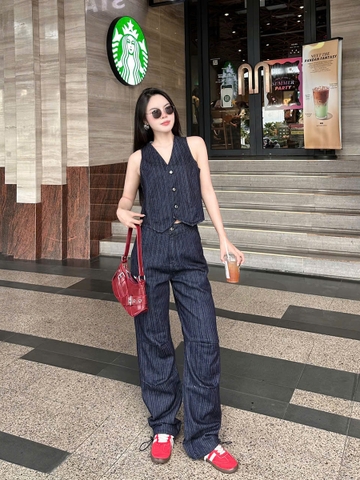Quần Jeans Nữ Kẻ Sọc - Dây Rút Gấu Quần