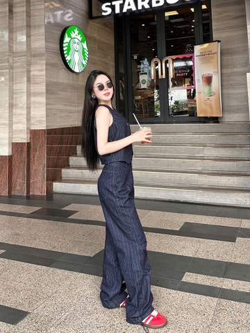 Quần Jeans Nữ Kẻ Sọc - Dây Rút Gấu Quần