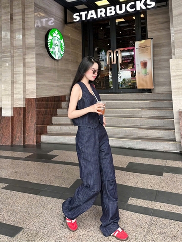 Quần Jeans Nữ Kẻ Sọc - Dây Rút Gấu Quần