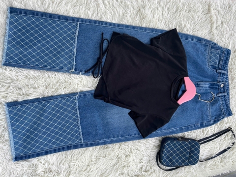 Quần jeans ống suông cạp cao phối caro hack dáng cực đỉnh- GOOTIKFASHION