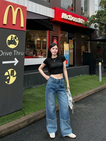 Quần jeans ống suông cạp cao phối caro hack dáng cực đỉnh- GOOTIKFASHION