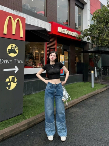 Quần jeans ống suông cạp cao phối caro hack dáng cực đỉnh- GOOTIKFASHION