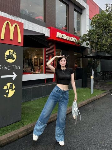 Quần jeans ống suông cạp cao phối caro hack dáng cực đỉnh- GOOTIKFASHION