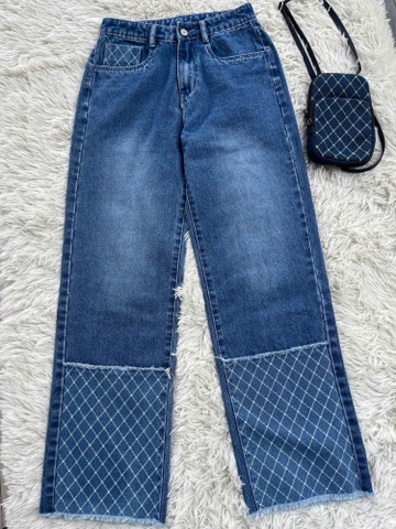 Quần jeans ống suông cạp cao phối caro hack dáng cực đỉnh- GOOTIKFASHION