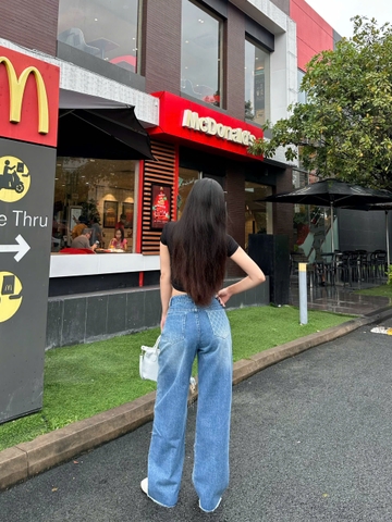 Quần jeans ống suông cạp cao phối caro hack dáng cực đỉnh- GOOTIKFASHION