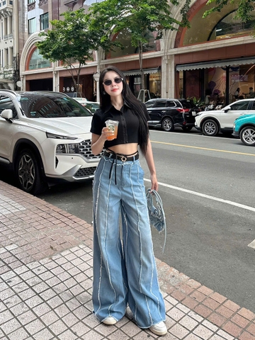 Quần Jeans Mỏng Ống Loe Rộng Phối Tua Rua Độc Đáo Thương Hiệu GOOTIK Fashion