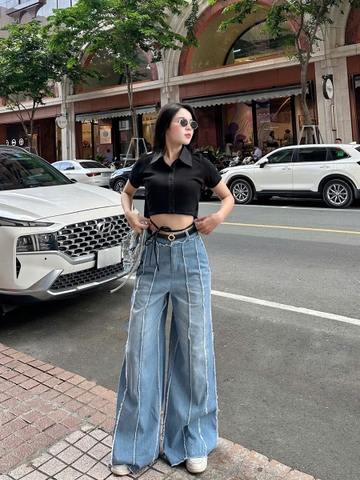 Quần Jeans Mỏng Ống Loe Rộng Phối Tua Rua Độc Đáo Thương Hiệu GOOTIK Fashion
