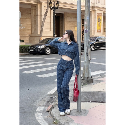 Set Denim On Denim Nữ Áo Khoác Croptop Và Quần Suông Ống Rộng Cao Cấp - GOOTIKFASHION-LOBO