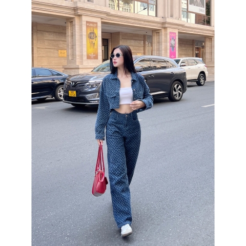 Set Denim On Denim Nữ Áo Khoác Croptop Và Quần Suông Ống Rộng Cao Cấp - GOOTIKFASHION-LOBO
