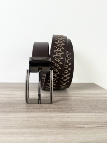 Thắt Lưng Nam da trâu 1 lớp vân đan trang trí thủ công bản 3.5cm-Khoá Kim-Thương Hiệu Gootik Fashion